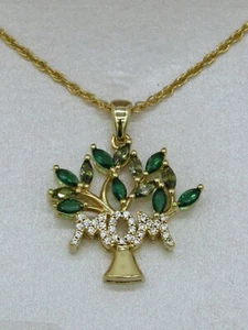 14 Kt Gold Flash plattiert simulierter Smaragd CZ Mutter Baum Anhänger Halskette 18" Neu mit Etikett - Bild 1 von 4