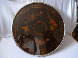 Art Deco drehbare Servierplatte Tischaufsatz Holz Intarsien Paradiesvogel Glas - Picture 1 of 8