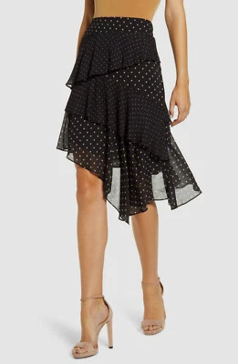 $320 Bailey 44 Mujer Negro Lunares Línea A Volantes Niveles Rodilla Falda EE. UU. Talla 8 Foto 1 de 4