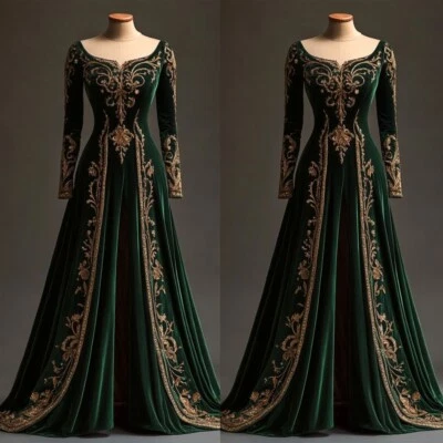 Vintage Green Velvet Wedding Dress Medieval Golden Lace Applique Bridal Dress - Image 1 of 4