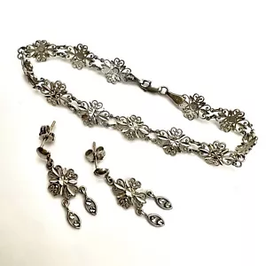 14k Solid White Gold Diamond Cut Filigree Bracelet Earring Set Signed CA 7” 6.5g - Picture 1 of 17