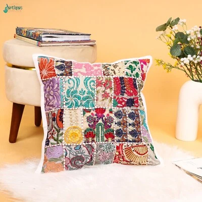 Indian White khambadiya Handwork Boho Outdoor Cushion Cover Home Decor - Image 1 of 4