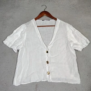 Zara Top Women's Large White 100% Linen Button Front Short Sleeve Blouse Cropped - Picture 1 of 9