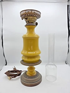 Antique Victorian 24.25" Yellow Glass & Brass Converted Duplex Electric Oil Lamp - Picture 1 of 12