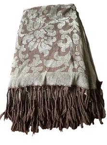 Restoration Hardware Wool Blend Fringed Throw Blanket Gray Brown Floral 70X53” - Picture 1 of 13