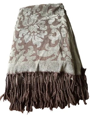 Restoration Hardware Wool Blend Fringed Throw Blanket Gray Brown Floral  70X53” - Image 1 of 4