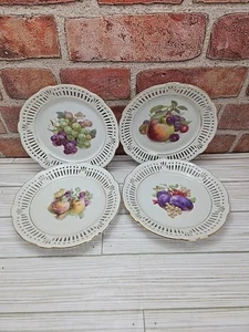 4 Vintage Schwarzenhommer Obstmotiv Teller mit Netzspitze & Goldrand - Bild 1 von 7