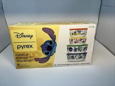 NOVO Conjunto de Tigela e Tampa Pyrex Hello Kitty Lilo & Stitch Vidro Armazenamento de Alimentos 8 Peças - Imagem 1 de 4