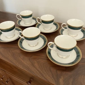 Set of 6 Lenox Teacups and Saucers - Classic Edition Bone China Green Marble - Picture 1 of 4