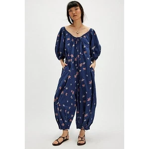 NWT Free People Bop Around Jumpsuit Blue Floral Puff Sleeve Small Poplin Cotton - Picture 1 of 9