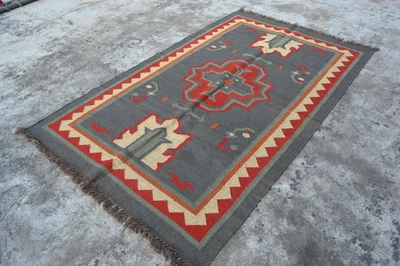 Handmade 5x8 Wool Jute Kilim Rug, Durable Costume Size Wool Kilim Rugs Area Rug - Image 1 of 4