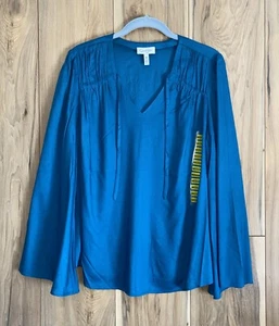 Jessica Simpson Leslie Boho Corsair Blue V-Neck Tunic Top M Peasant Flowy - Picture 1 of 6