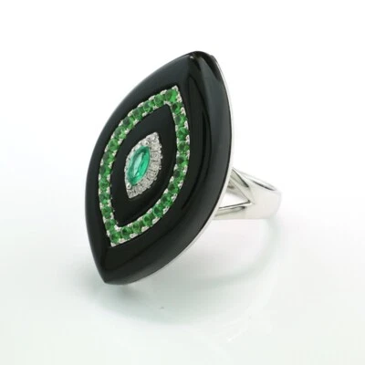 Edelstein-Ring Onyx Tsavorite Brillanten Smaragd 15,57 carat 750er Weißgold, neu - Bild 1 von 4