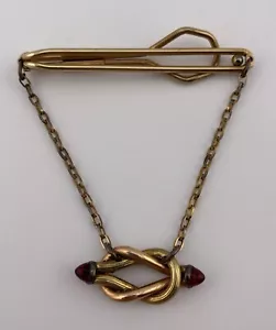 Anson Rolled Plate Gold Pendant Chain Tie Bar Clip Red Glass Tips Square Knot - Picture 1 of 6
