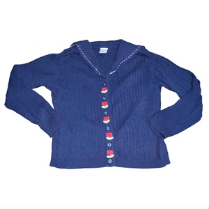 Vintage Gymboree Sweater Girls Size 7 Navy Blue Tulip Flower Cablenit 2007 - Picture 1 of 5