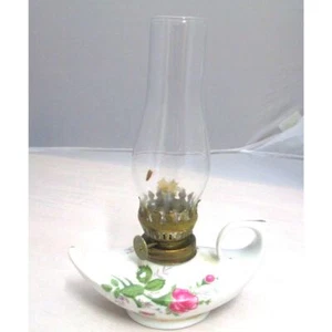Vintage Small Oil Lamp White pink flowers fingertip Hong Kong Genie Aladin - Picture 1 of 6