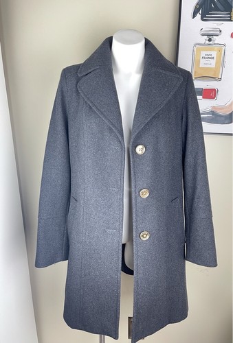 Cappotto lungo da donna Michael Kors colletto abbottonato con cappuccio grigio lana taglia 8