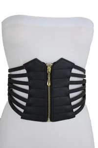 Women Wide Elastic Band Gold Zipper Sexy Belt Hip High Waist Black Corset M L - Picture 1 of 12