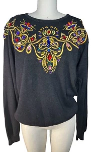 Lindsey Blake Ramie & Cotton Black Long Sleeves Sweater Gemstones Beads Size M - Bild 1 von 10