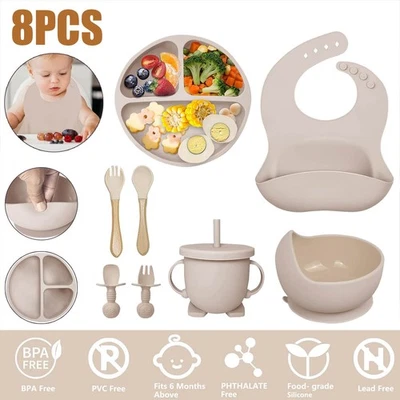 8X Silikon Baby Geschirrset Rutschfest Kindergeschirr Saugnapf Kinderteller Set= - Bild 1 von 4