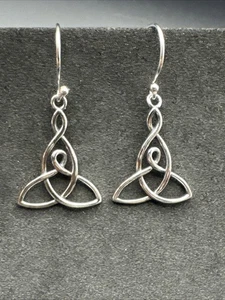 New Condition Sterling Silver Celtic Trinity Knot Dangle Earrings 925 - Picture 1 of 5