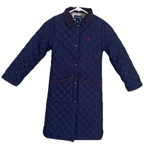 Ralph Lauren Girl’s Long Barn coat Size S 7 Blue Corduroy Collar Trim Red Pony - Picture 1 of 17