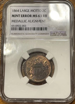 1864 Large Motto Two Cent Piece 2c NGC MS63RB Medallic Alignment - Image 1 of 4