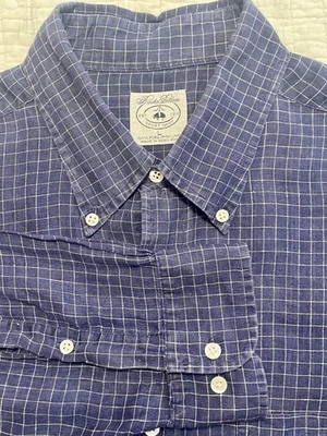 Brooks Brothers 100% Linen Blue Gingham Check Longsleeve ButtonDown Shirt Mens L - Image 1 of 4