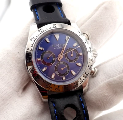RELÓGIO MASCULINO BLIGER corda automática 25 joias tom SS data dia/rally 11 - Imagem 1 de 4