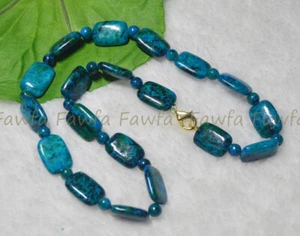 10x14MM Green Azurite Chrysocolla Flat Rectangle Gemstone Beads Necklace 14-36'' - Picture 1 of 14