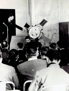 1967 Wire Photo mathematician Jean Coulomb poses with duplicate satellite Diadem - Picture 1 of 2