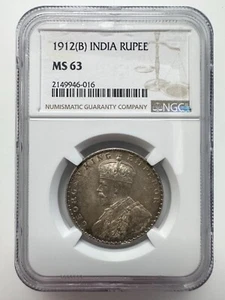 India 1912 (B) 1 Rupee - George V NGC MS 63 Silver Coin (.917) - Picture 1 of 2