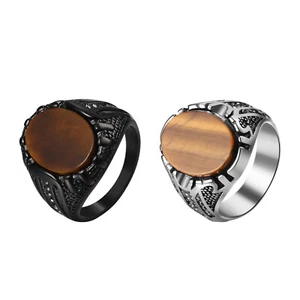 Men Stainless Steel Classic Retro Natural Tiger Eye Stone Signet Ring Band #8-12 - Picture 1 of 14