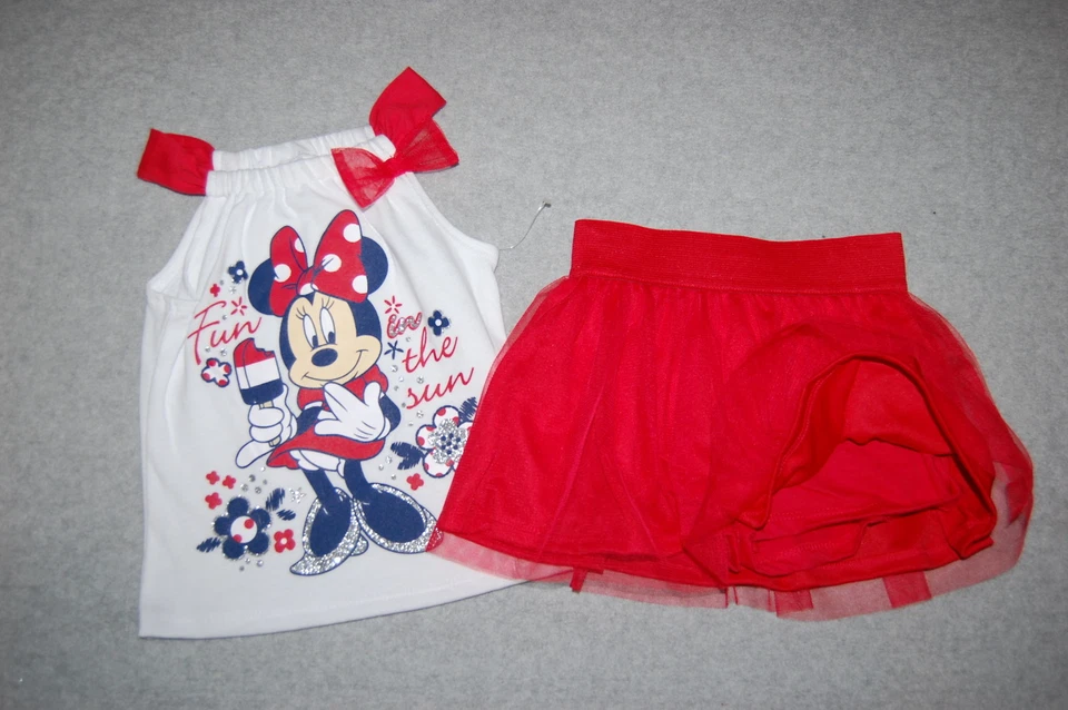 Toddler Baby Girls MINNIE MOUSE SKORT & TANK TOP Red White Blue RUFFLE Bow 24 MO — 第 1/1 张图片