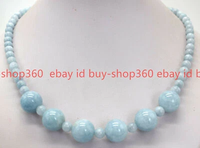 Natural 6mm 14mm Blue Aquamarine Round Gemstone Beads Necklace 18"AAA++ - Image 1 of 4