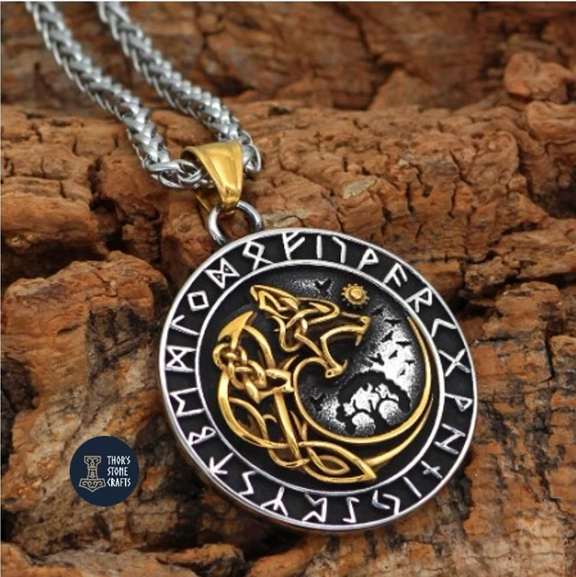 Viking Wolf Pendant Necklace Fenrir Runes Two Sided Odin Stainless Steel Gift - Image 1 of 4