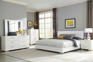 4 PC WHITE LED LIGHTS KING BED NIGHTSTAND DRESSER MIRROR BEDROOM FURNITURE SET - Picture 1 of 24