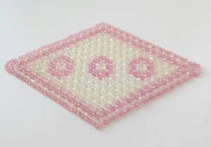 Vtg MCM Medium Faceted Plastic Bead Trivet Handmade Doily Diamond Pink & White - Picture 1 of 6