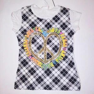Girls T Shirt Small 4 White Black Heart Peace Sign Colorful - Picture 1 of 4