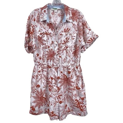 ANTHROPOLOGIE Linen Utility Romper Size Medium Short Sleeve Floral Orange White - Image 1 of 4