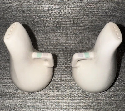 Vintage MCM Minimalist White W/ Pastel Sripes and Handles Salt & Pepper Shakers - Image 1 of 4