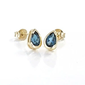 9ct Gold Earrings London Blue Treated Natural Topaz Gemstone Studs Handmade Gift - Picture 1 of 12