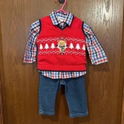 IZOD Baby мальчиков 3 изделия рождественский наряд олень свитер жилет клетку 3-6 месяцев - Изображение 1 из 4