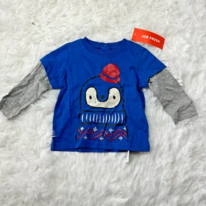 BOYS JOE FRESH LAYERED LONG SLEEVE BLUE T SHIRT WITH A PENGUIN SIZE 3-6 M NWT - Picture 1 of 5