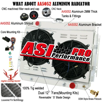 4 ROW RADIATOR+SHROUD FAN Fit 1963-1968 64 CHEVY IMPALA BELAIR CHEVELLE CAPRICE Foto 1 de 4