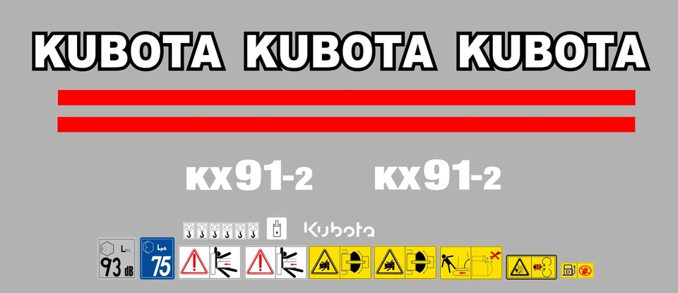 Kubota KX91-2 Mini Bagger Komplette Aufkleber Satz mit Sicherheit Warnzeichen