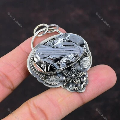 Shungite Rough Gemstone Pendant 925 Sterling Silver Flower Handmade Boho Jewelry - Image 1 of 4