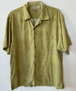 Tommy Bahama XL Silk Solid Yellow Green Tiki Print Shirt Camp Relaxed Fit S/S - Picture 1 of 6