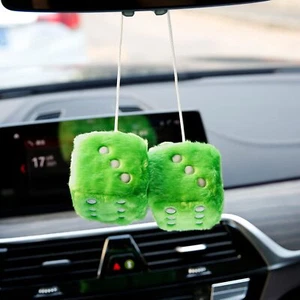 Green Retro Hanging Dice for Car Mirror Fuzzy Plush Dice with Dots for Home/Car - Picture 1 of 7