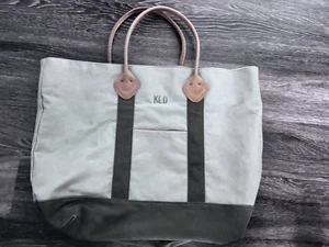 Vintage LL Bean Canvas Tote Bag Leather Handle Plaid Lining Tan Green Monogram - Picture 1 of 8